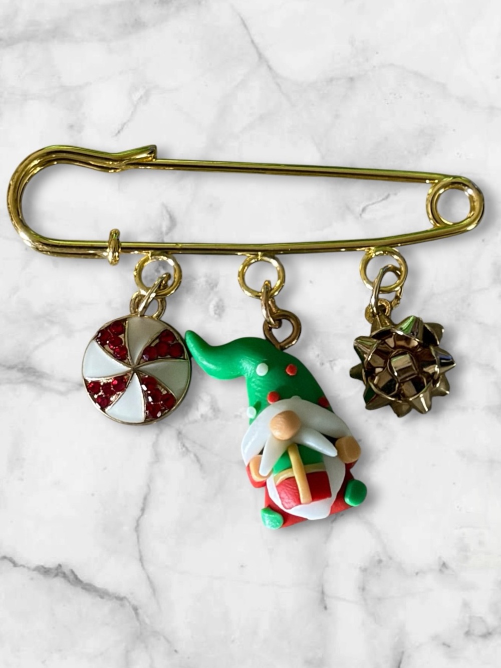 Gold-Tone Holiday Gnome Charm Brooch Pin in Green and Gold